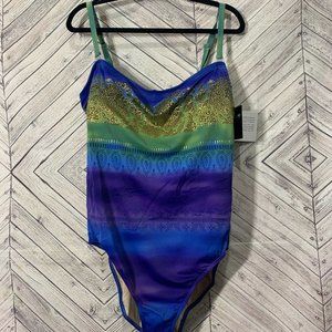 NWT newport news swim wear 24W one pc blue green